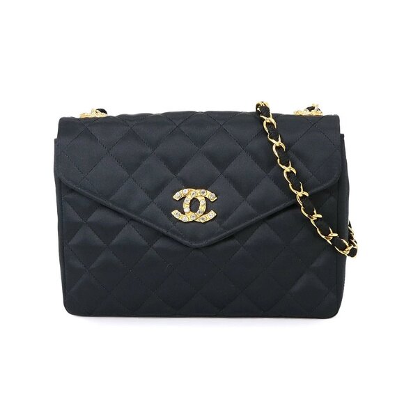 CHANEL Matelasse Chain Shoulder Bag Satin Black Rhinestone Bijou - Picture 1 of 11